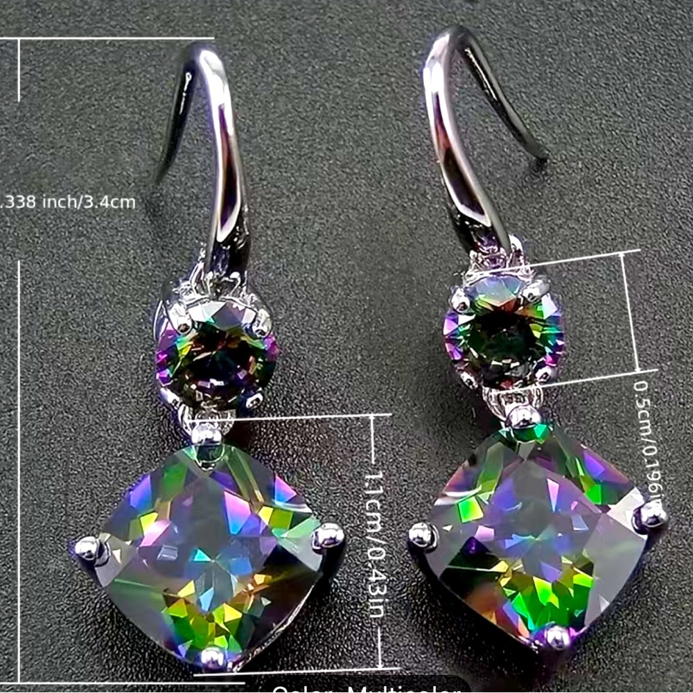 Purple green square and round crystal 925 ss earrings